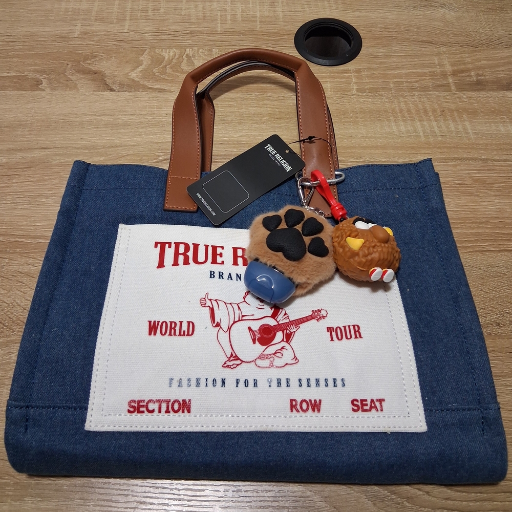 True Religion Denim and Tan Unisex Tote with B&BW Keychain and Sanitizer